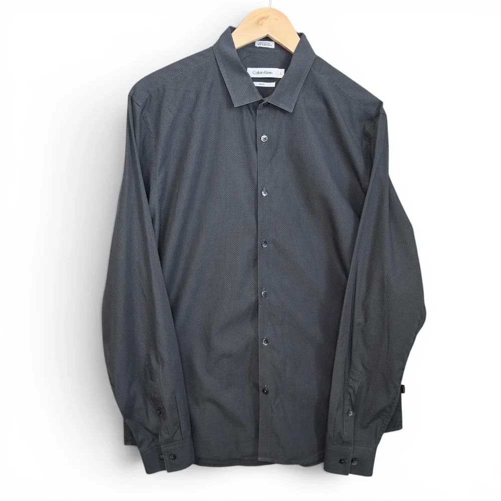 Calvin Klein Shirt Mens Large Gray Button Up Slim Fit Cotton‎ Long Sleeve Career